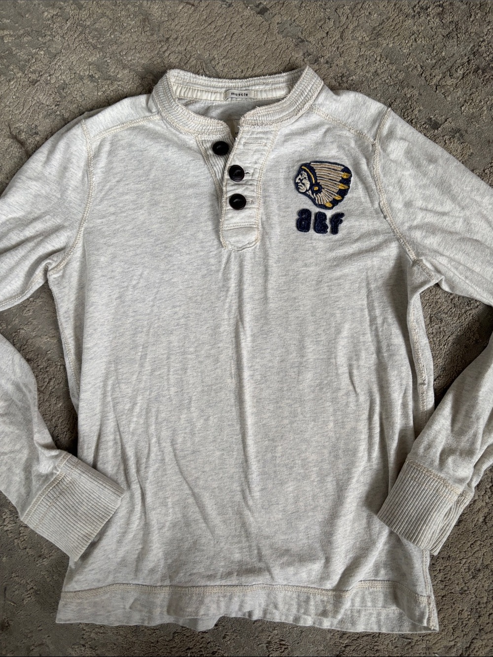 Vintage Abercrombie & Fitch Cream Long-Sleeve Henley with Embroidered Logo